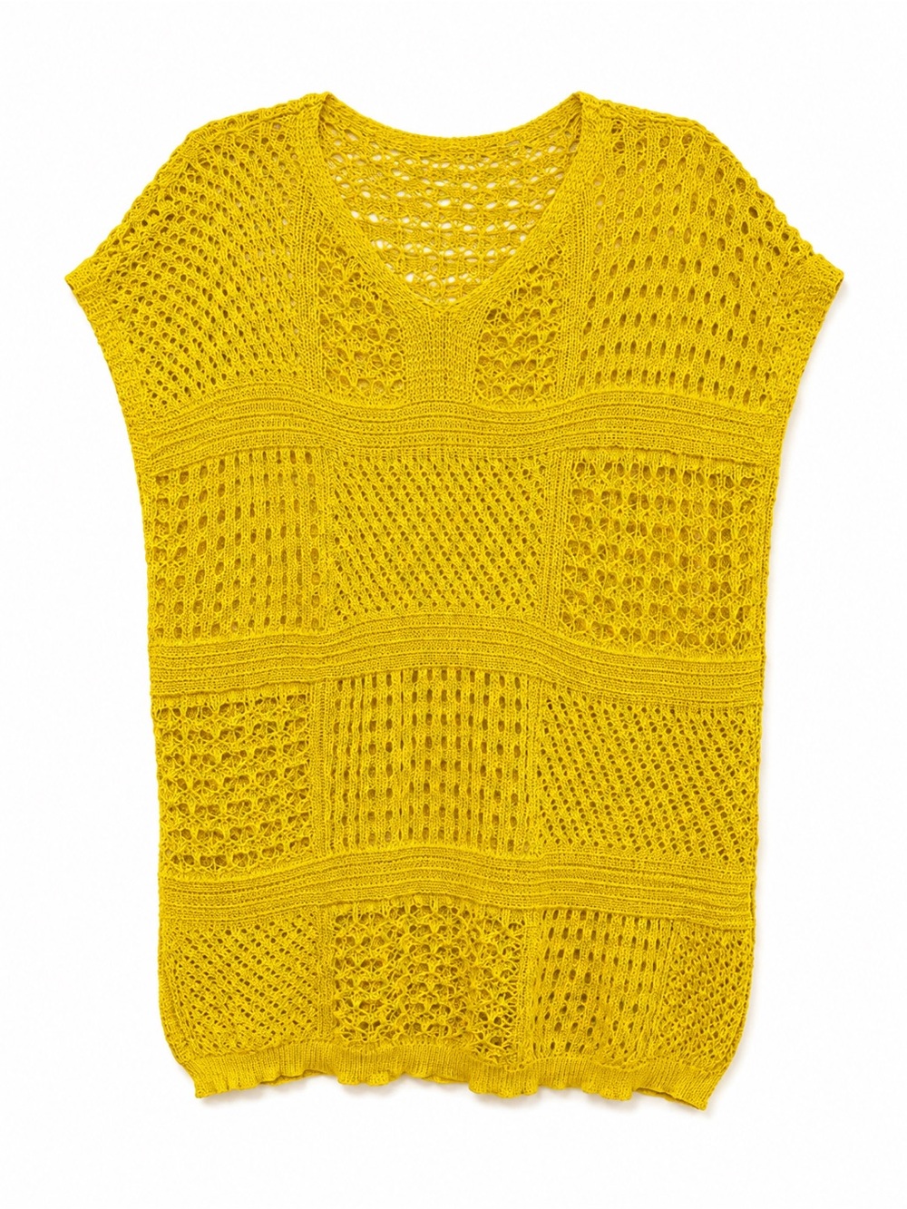Bright Yellow Open-Knit Short Sleeve Sweater